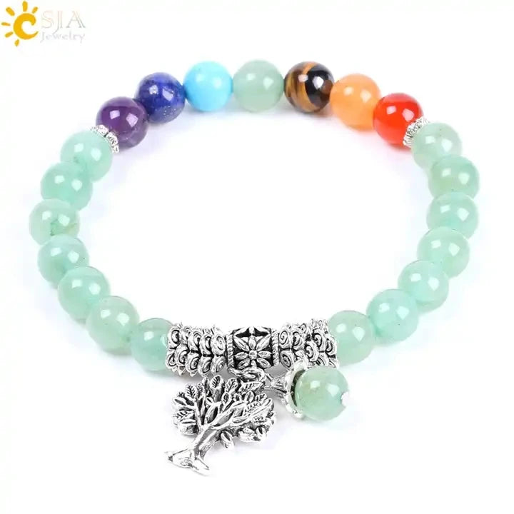 CSJA Seven Chakra Natural 8mm Genuine Gemstone Green Aventurine Tree of Life Reiki Healing Crystal Beaded Stone Bracelet F127