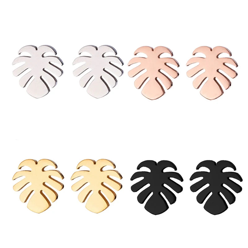 Fashion 18K Gold Silver Plated Stainless Steel Small Monstera Palm Leaf  Women Stud Earrings Jewelry