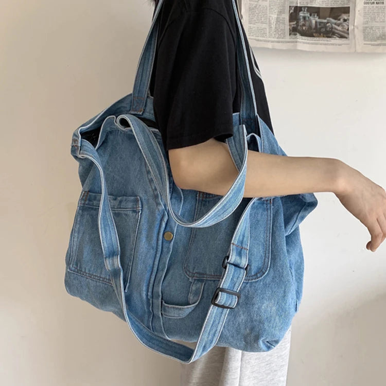 Women's Elegant Denim Satchel Single Shoulder Crossbody Bag Oversized Large Tote Beach Bag Jeans Shopping Bag Large Capacity