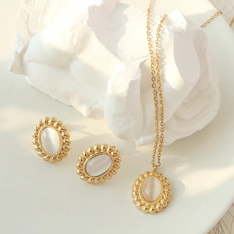 Ins Jewelry Opal Pendant Necklace Earrings Women Stainless Steel Jewelry Set Bijoux Acier Inoxydable