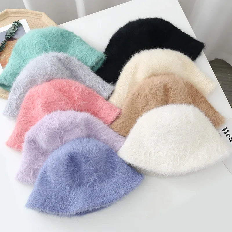 Landfond Accessory Plush Hat Winter Women's Fashion Rabbit Hair Warm Ear protection Bucket Hat