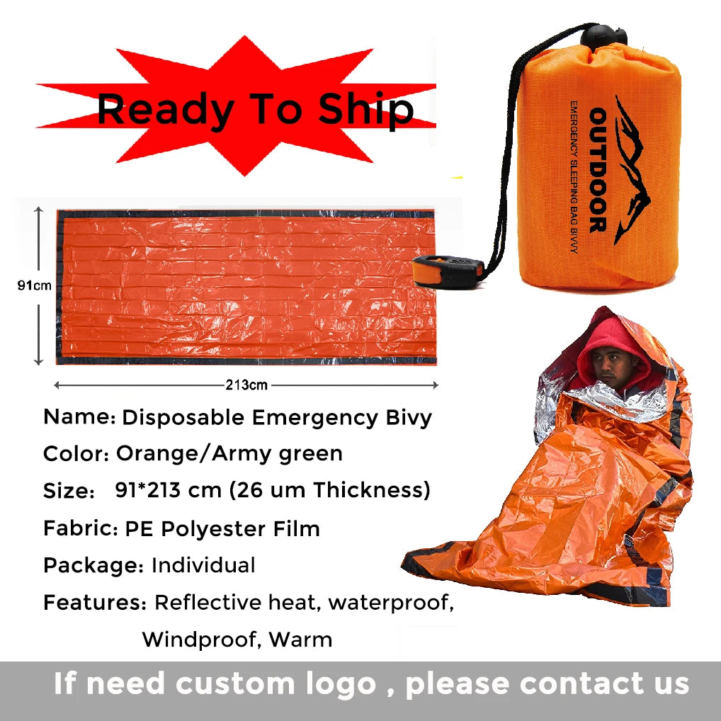 Outdoor Ultralight Rescue Mylar Thermal Survival Sleeping Bag with Drawstring Bivy Emergency Sleeping Bag with Survival Whistle