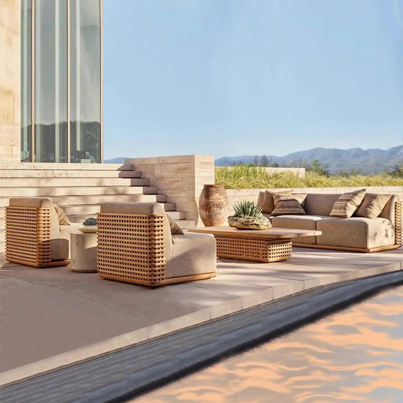Customization Solid Wood Outdoor Furniture Patio Wood Sofa Set Designs Luxury Teak Garden Sofa
