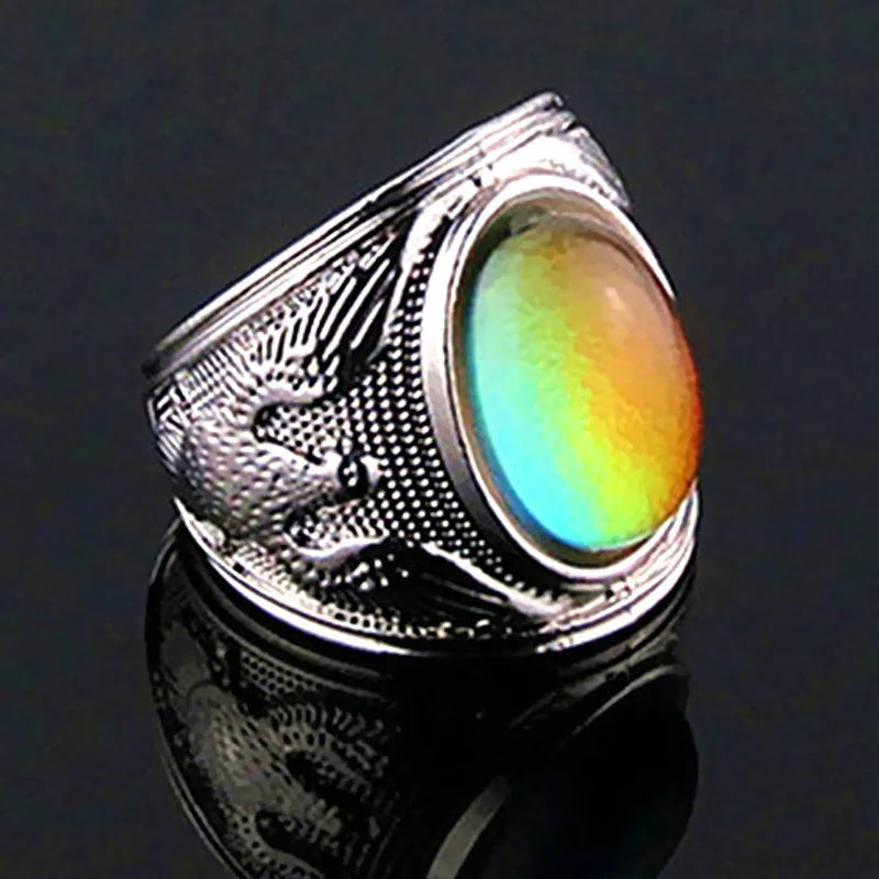 SC Jewelry Vintage Ancient Gold Chunky Eagle Ring Temperature Changing Color Mood Gemstone Ring Men
