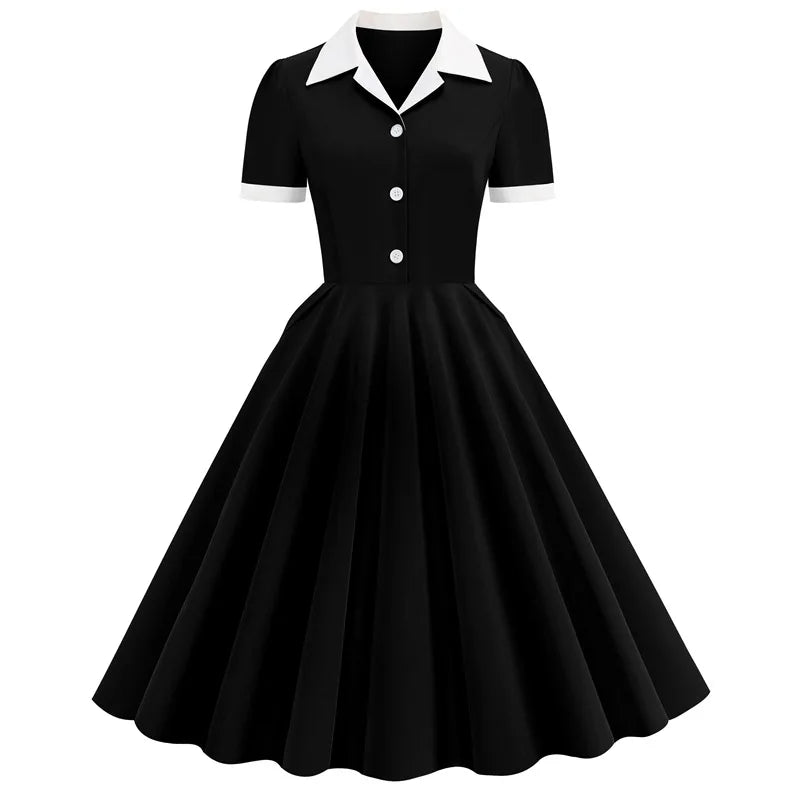 Summer Vintage 1950s Cotton Dress for Women Retro Ladies Short Sleeve Shirt Rockabilly Party Dress