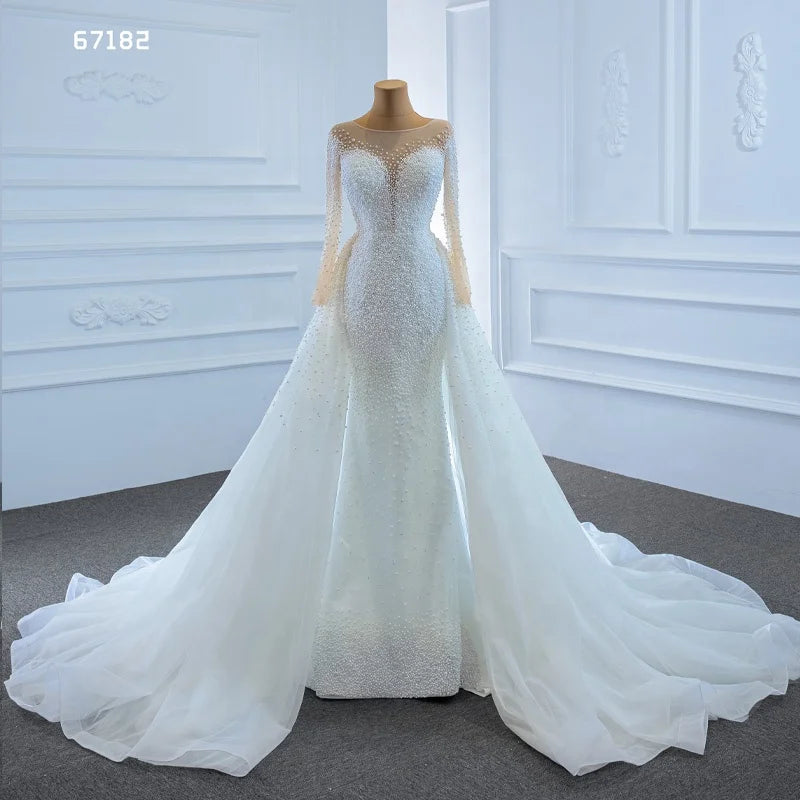 Jancember RSM67182 Princess Long Sleeve Crystal Lace Elegant Mermaid Wedding Dress Robe De Mariage