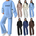 New Winter Women Loose Casual Two Piece Set Custom Logo Solid Crew Neck Wide Leg Sweatsuits Fleece 2 Piece Outfits Tracksuits