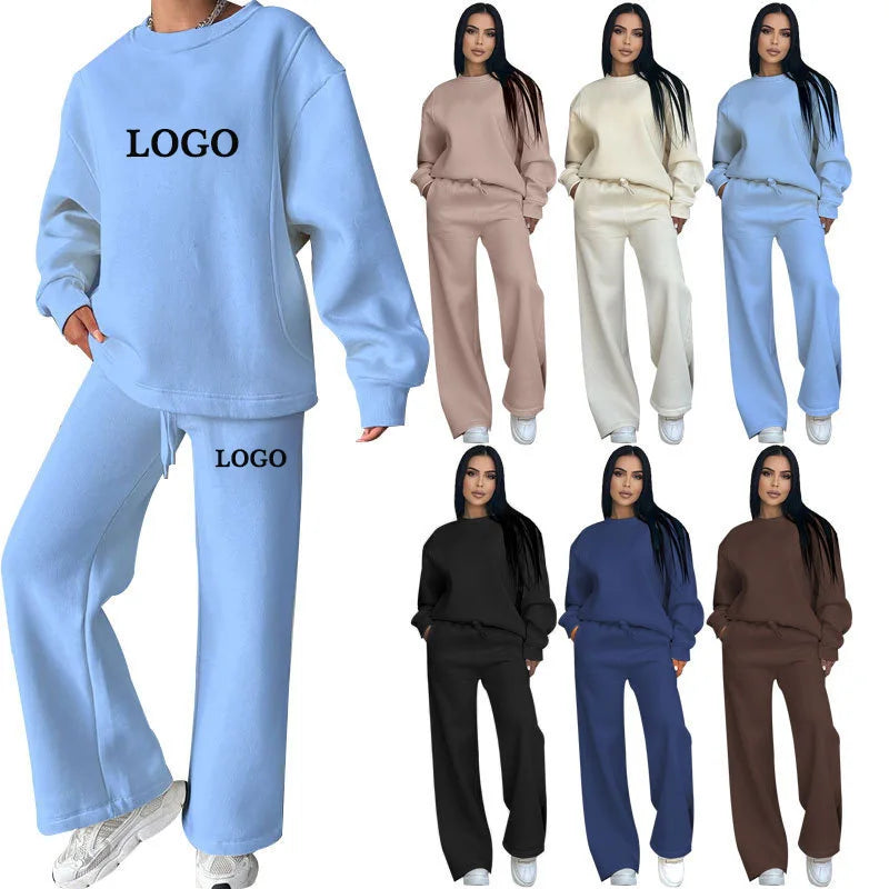 New Winter Women Loose Casual Two Piece Set Custom Logo Solid Crew Neck Wide Leg Sweatsuits Fleece 2 Piece Outfits Tracksuits