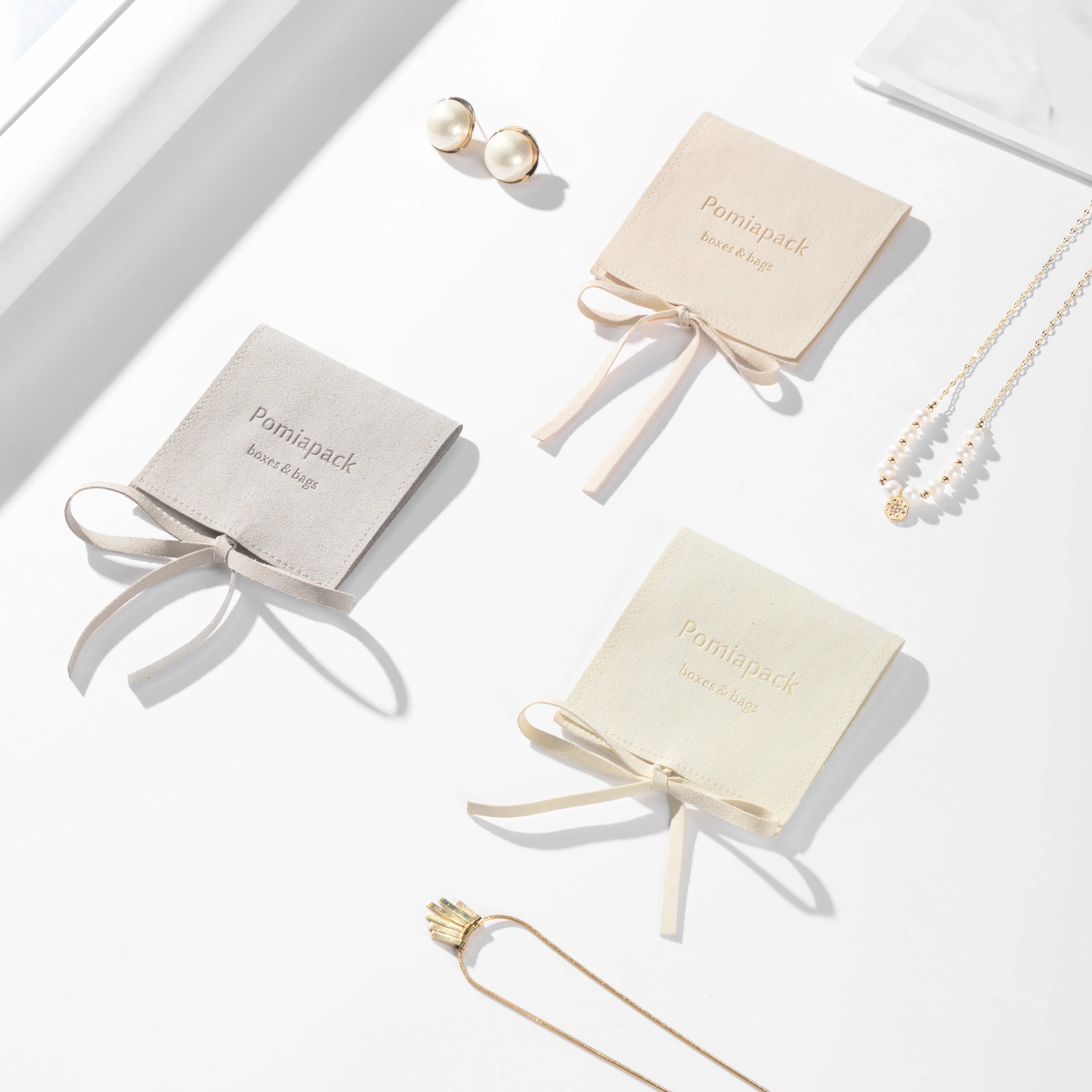 Custom logo Luxury Cream Jewelry Packaging Pouch Necklace Earrings Jewellery Microfiber Pouch Custom Jewelry Bag