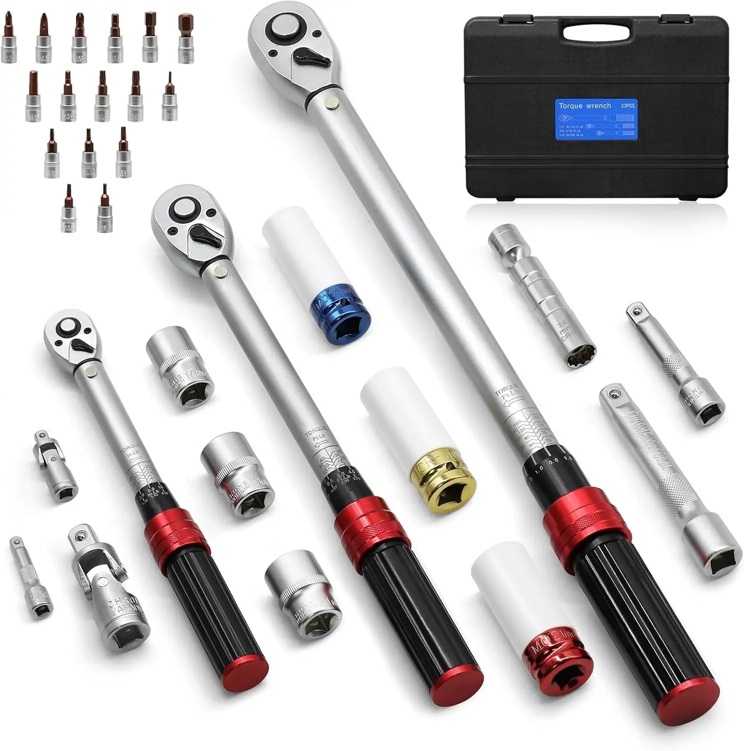 33pcs 1/4 3/8 1/2 Inch Drive Torque Wrench Set 2-24nm 5-60nm 20-220nm with Plastic Box for Bike Moto Car Repair