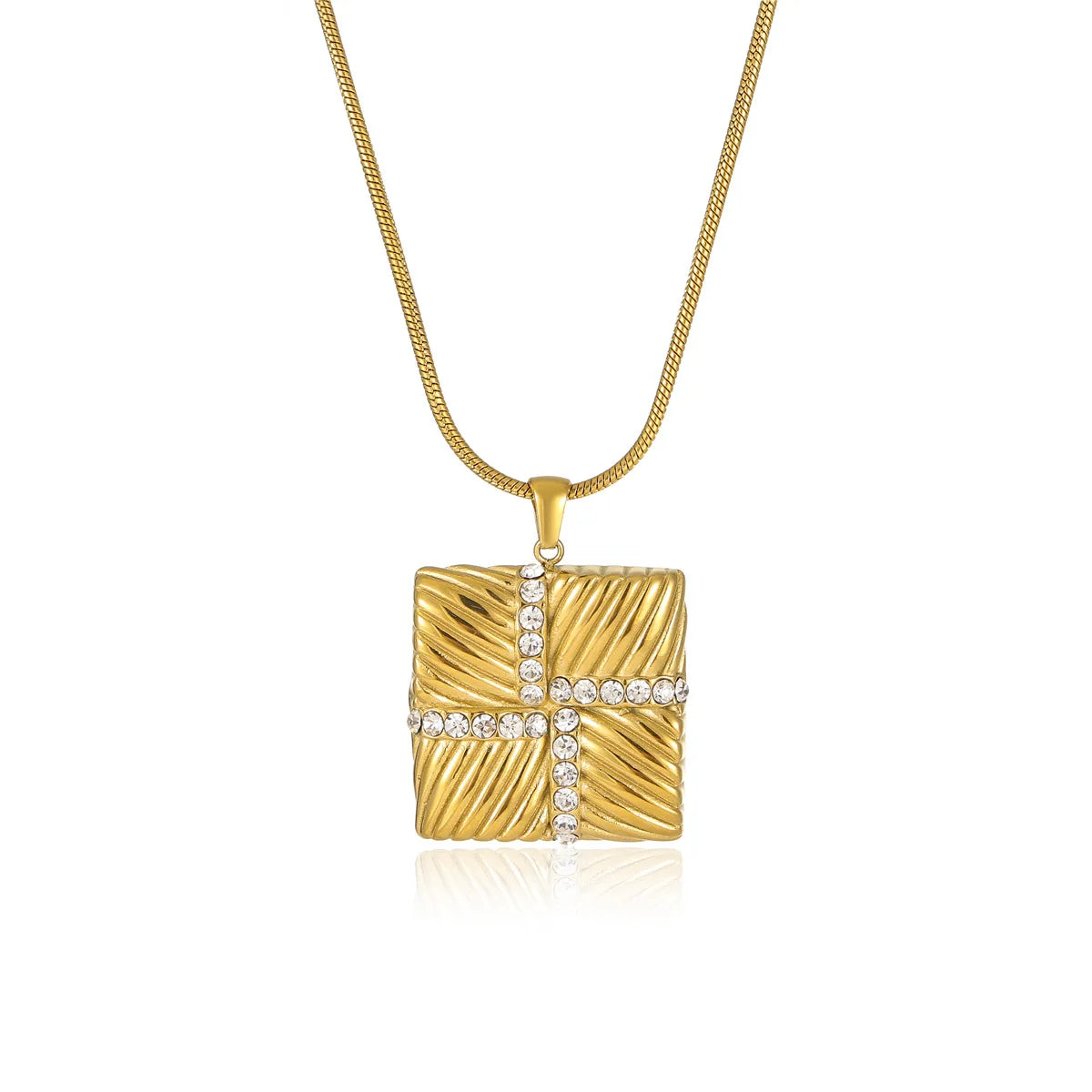 Vintage Stainless Steel Waterproof Jewelry 18k Gold Plated Square Texture Cross Zircon Pendant Necklace YF6092