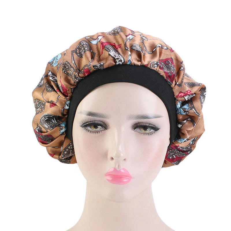 Hair Bonnet Printable Satin Elastic Band Hat Night Sleeping Head Cover Women Girls Sleep