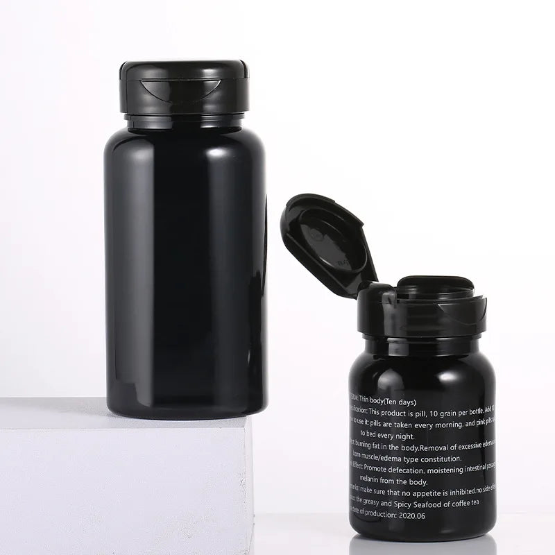 Custom 80ml 150ml 200ml PET Plastic Pill Bottle Black Capsule Supplement Container for Health Care Tablet Storage Use