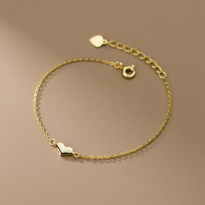 Genuine 925 Sterling Silver Glossy Heart Charm Gold Bracelet for Women Fine Jewelry