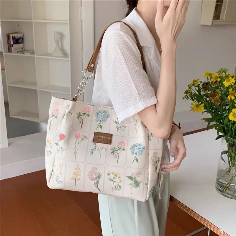 Casual Flower Printed Shoulder Bags for Women Versatile Large Capacity Ladies Tote Simple Commute Girls Travel Handbags