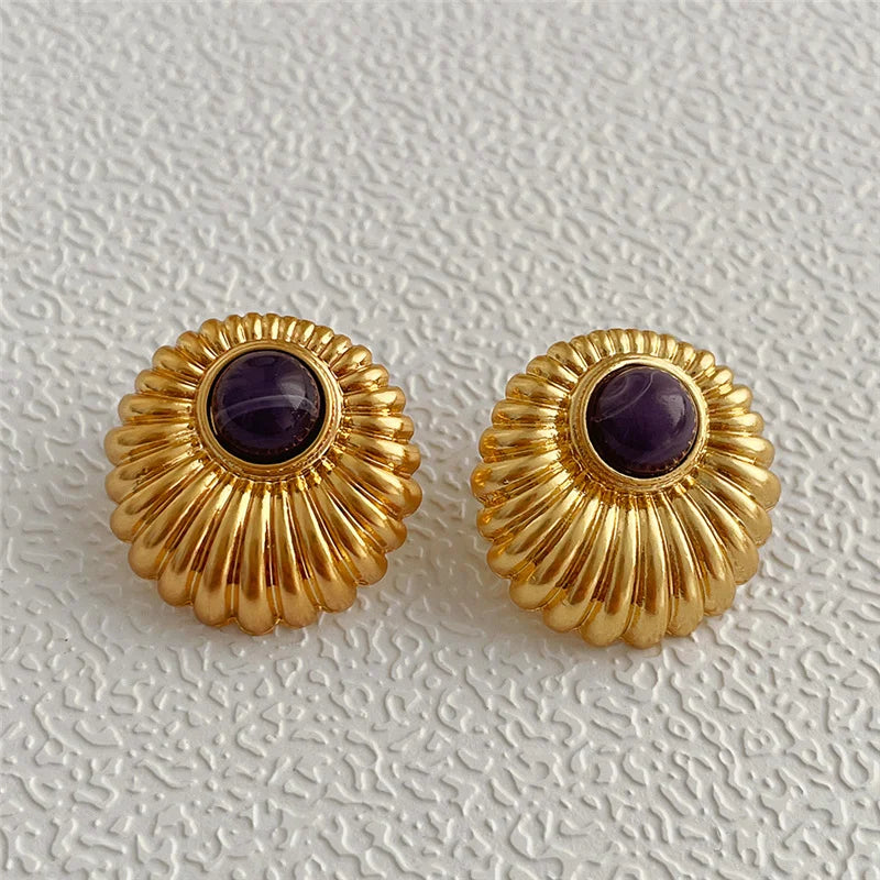 Luoyan Designer Vintage Stud Earings Fashion Statement Obsidian Seashell Pattern Emerald 18k Gold Stud Earrings Charm Jewelry