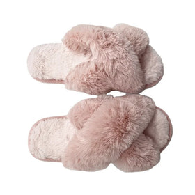Comfortable Non-slip Plush slippers Double Cross Strap Fur Sandals for Women Lady Furry Slides in pink