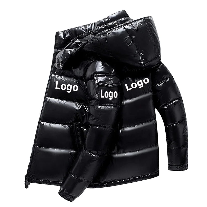 Custom Plus Size Luxury Designer Clothing Winter Zipper Jacket Coat Shinny Black Bubble Hood Waterproof Outdoor Puffer Casual