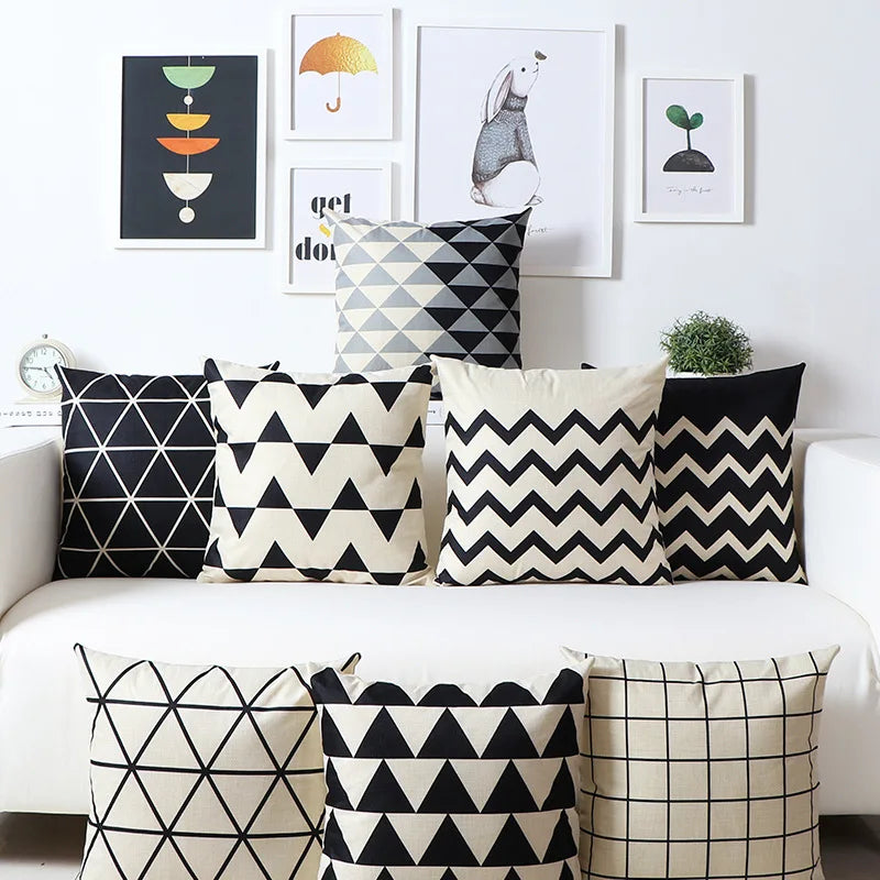 Amity Modern Striped Throw Pillow Case Black White with Geometric Short Plush Cushion Cover Square Hidden Zippers for Hotels