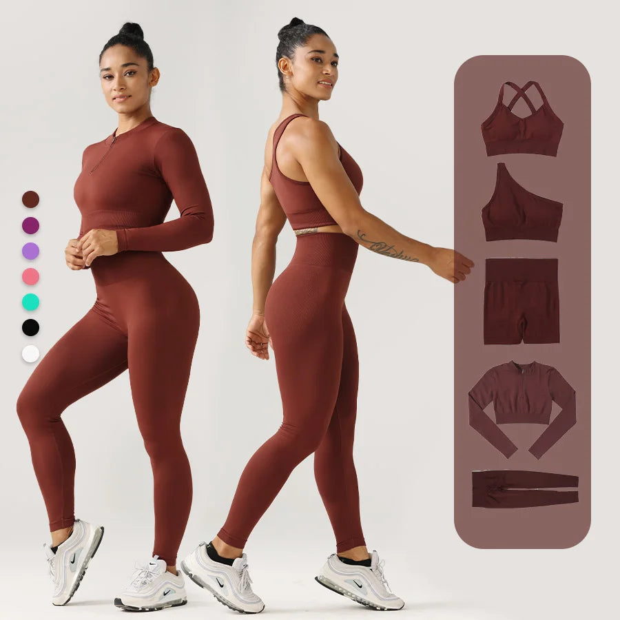 Custom Seamless 5Pcs Gym Fitness Sets Activewear Workout Clothing Women Fitness Yoga Wear Sportswear