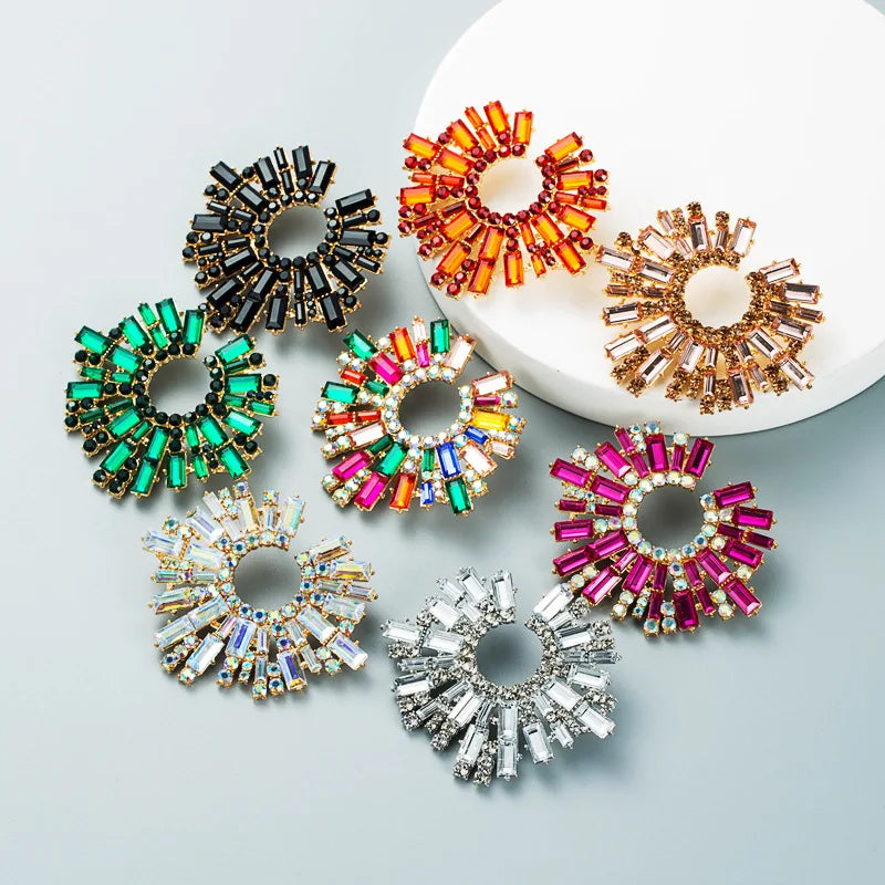 European American Alloy Inlaid Color Rhinestone Sun Flower Earrings Women Super Flash Hipster Dinner Hoops Earrings