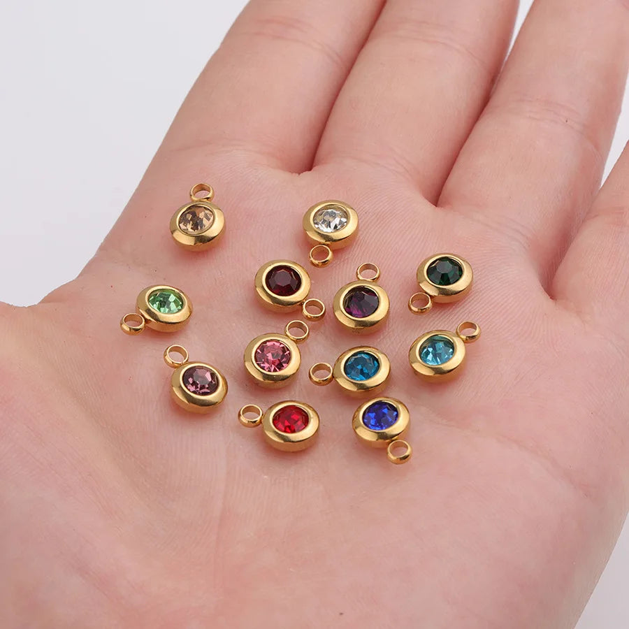 Wholesale 6.5mm DIY Handmade Gemstone Birth Stone Pendants Stainless Steel Birthstone Charms for Jewelry Making