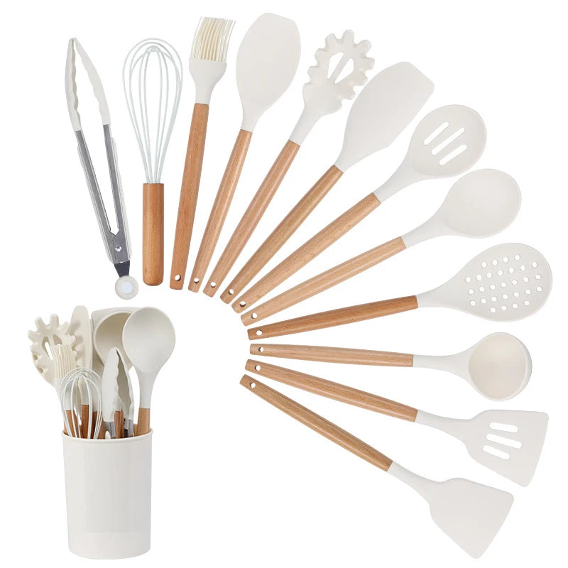 Cheap Price Food Grade Silicone Rubber 12-Piece Kitchen Utensils Set Wooden Handle Customized Color Modern Simplicity Baking