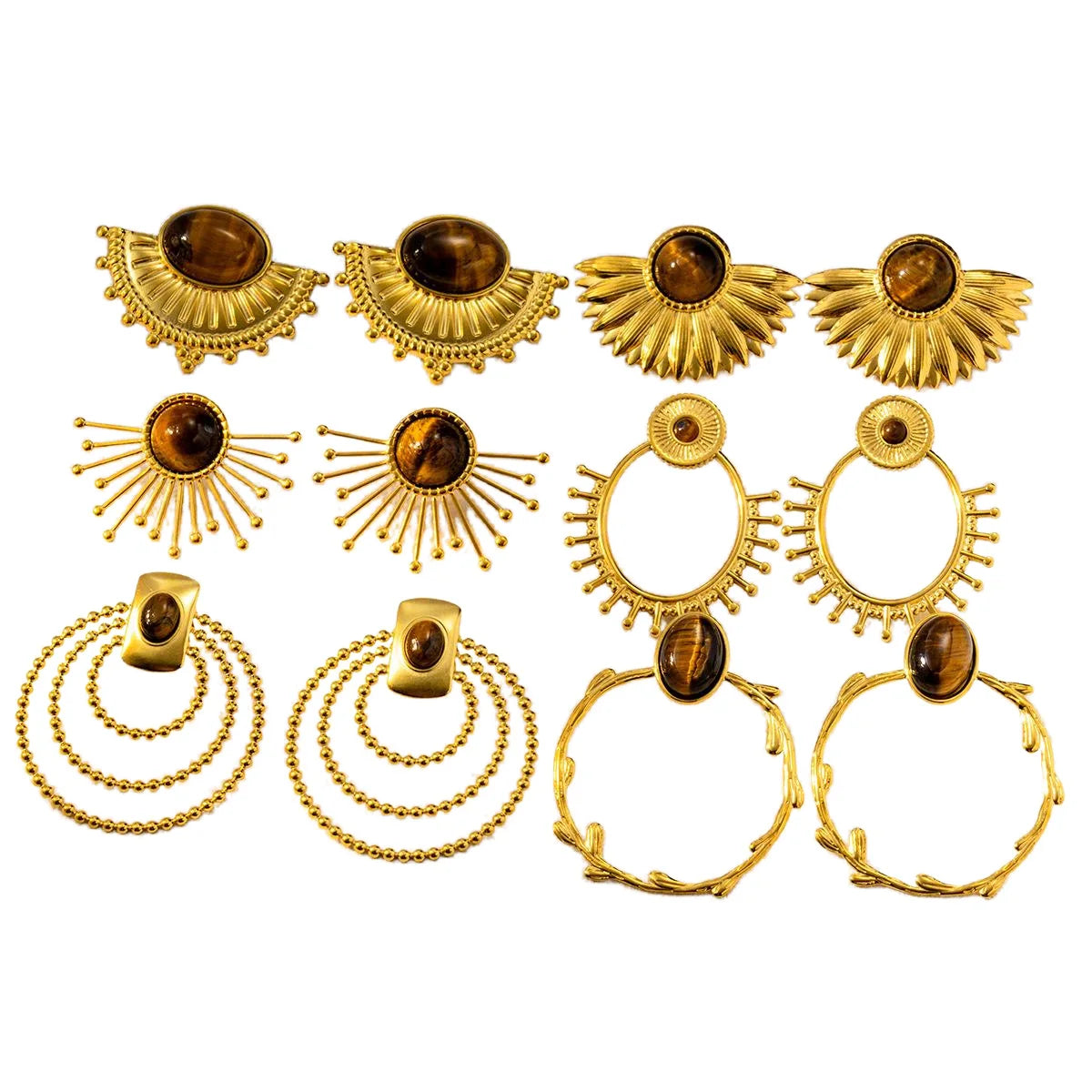 Fan Shape Gem Stone Jewelry New Earing 2024 Tiger Eye Stainless Steel Gemstone Jewelry 18k Gold Plated Stud Earrings