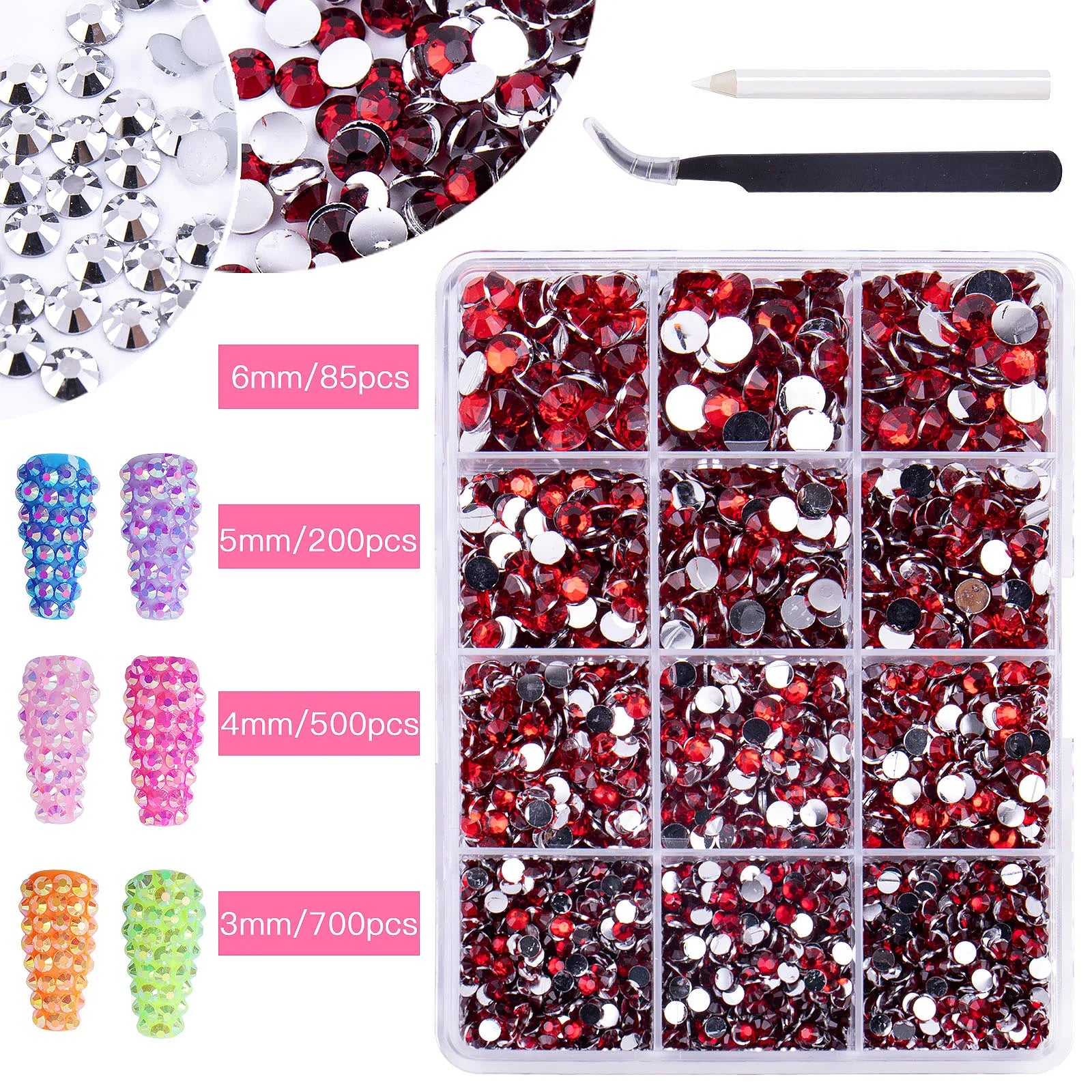 12 Grids Multi-colors Flat Bottom Round Glass Diamonds Nails Art Rhinestone Decoration