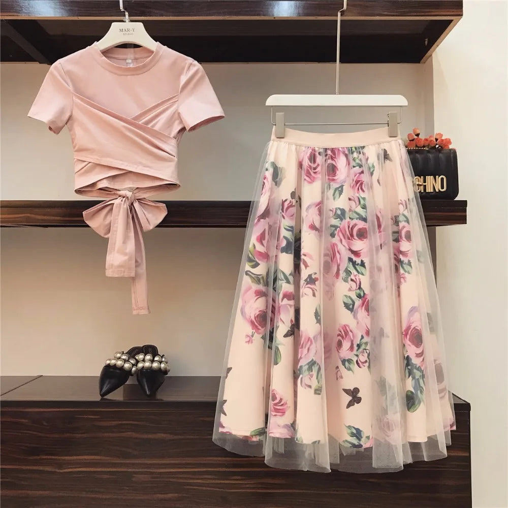 Women Irregular T Shirt+Mesh Skirts Suits Bowknot Solid Tops Vintage Floral Skirt Sets Elegant Woman Two Piece Set