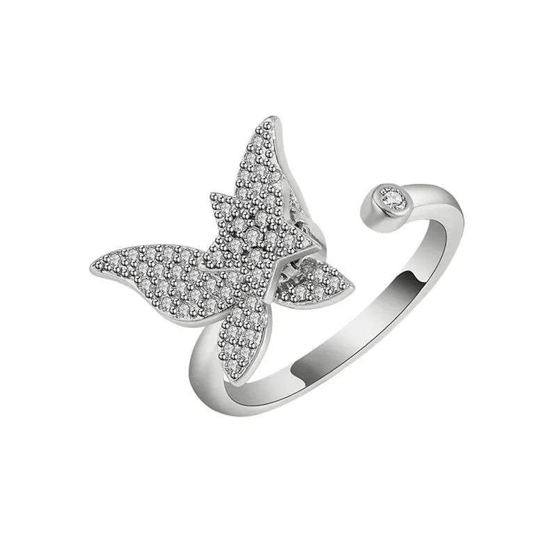 Hot Sale Adjustable Open Rotatable Cubic Zirconia Golden butterfly Spinner Fidget Anxiety Ringfor Women Gift