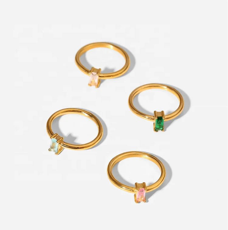 Dainty Stainless Steel 18k Gold Plated Clear Pink Emerald Stone Party Gift Rectangular Cubic Zircon Fine Ring for Women