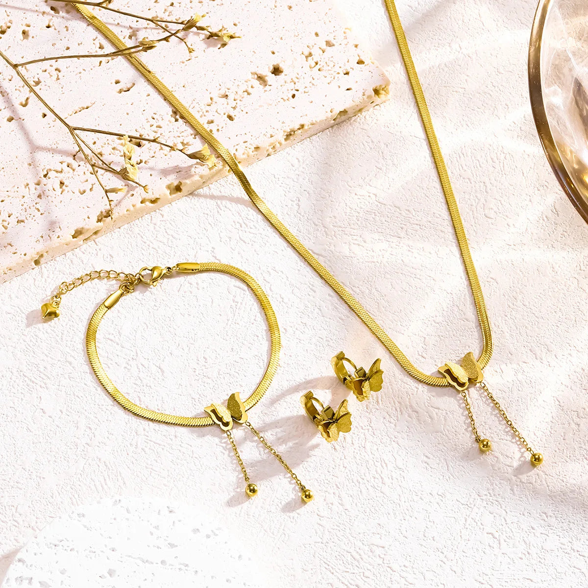 ODM 18k Gold Plated New Stainless Steel Fashion Design Butterfly Necklace Earring Bracelet Butterfly Jewelry Set