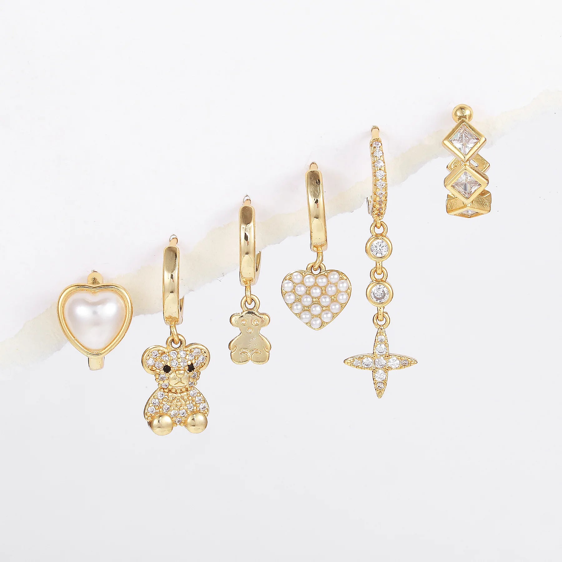 6Pcs Cute Bear Zircon Earrings with Heart Pearl Drops Perfect Gift for Women Jewelry Earrings Set