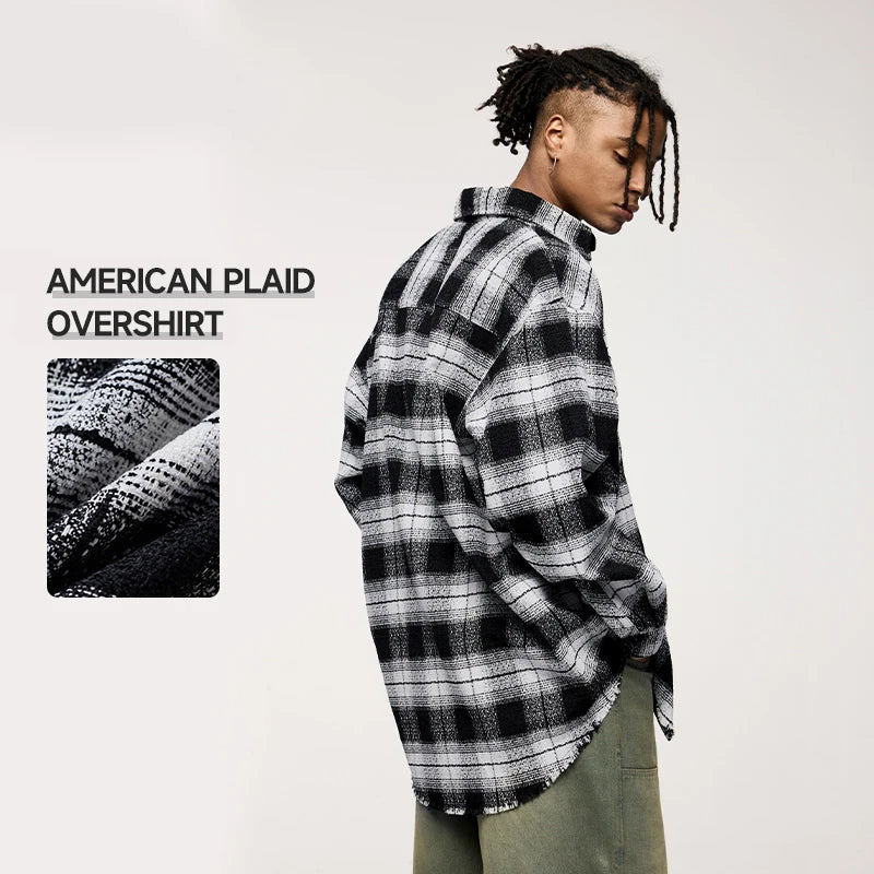 INFLATION Black Heavy Weight Oversized Plaid Shirt Jacket Men Knitted Custom Long Sleeve Overshirts Jacket Men