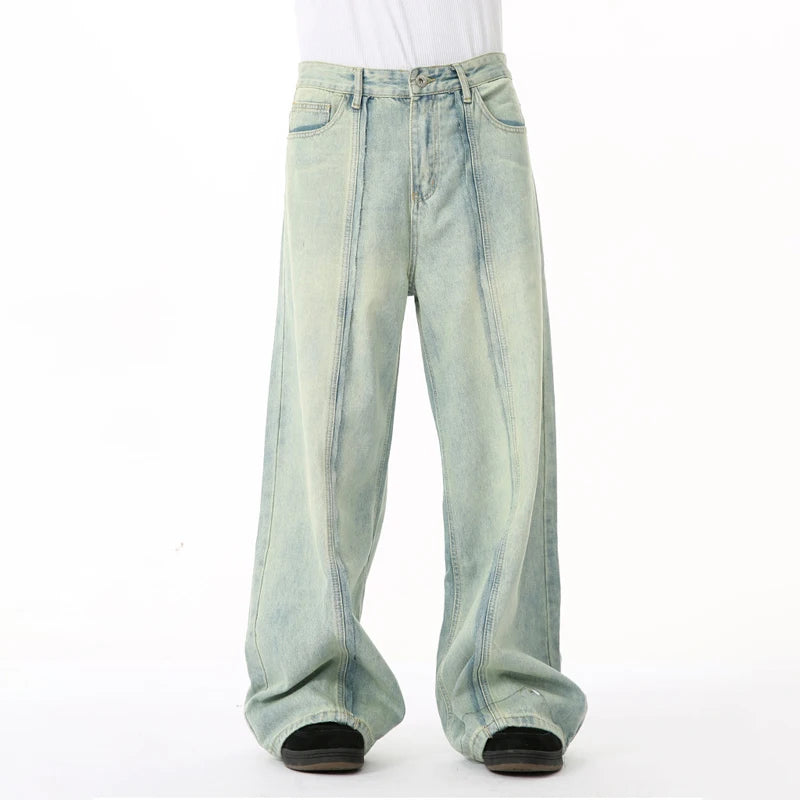 Customized Men's High Waisted Wide Leg Baggy Straight Jeans Streetwear Style Vintage Hip Hop Stone Washed for Winter