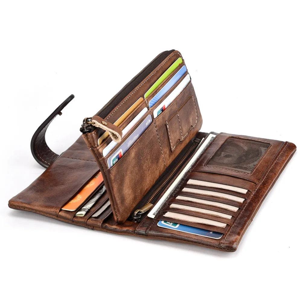 RFID Blocking Genuine Cowhide Leather Wallet for Men 9.5cm Long Style Anti-Theft Clutch Purse with Secure Zipper