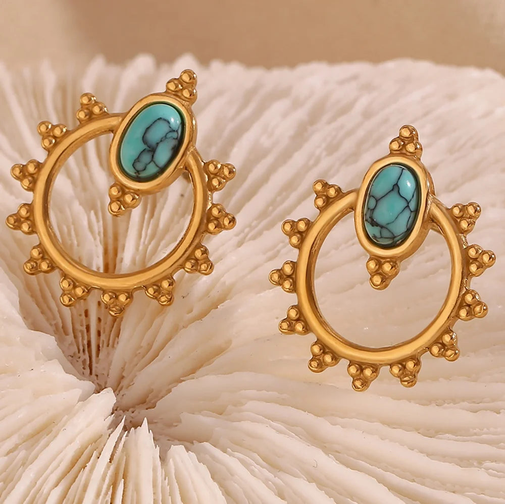 Turquoise Stud Earring Hollow Gold Plated Jewelry Flower Design Natural Stone Jewelry