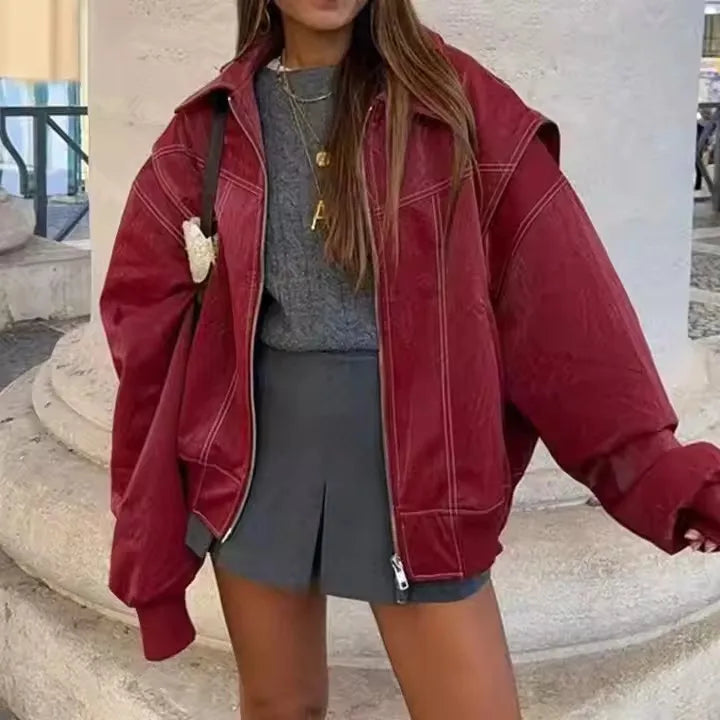 Women 2025 Autumn Winter Female Casual Outerwear Vintage Red Zipper PU Leather Jacket Fashion Patchwork Lapel Long Sleeve Coats