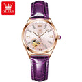 OLEVS 6636  Custom Oem Logo  Leather Belt Fashionable Diamond Private Label Luxury Automatic Women Lady Mechanical Watch