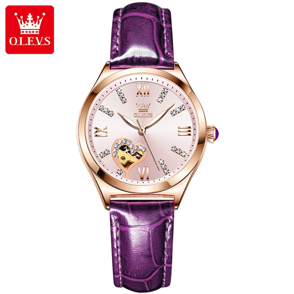 OLEVS 6636  Custom Oem Logo  Leather Belt Fashionable Diamond Private Label Luxury Automatic Women Lady Mechanical Watch