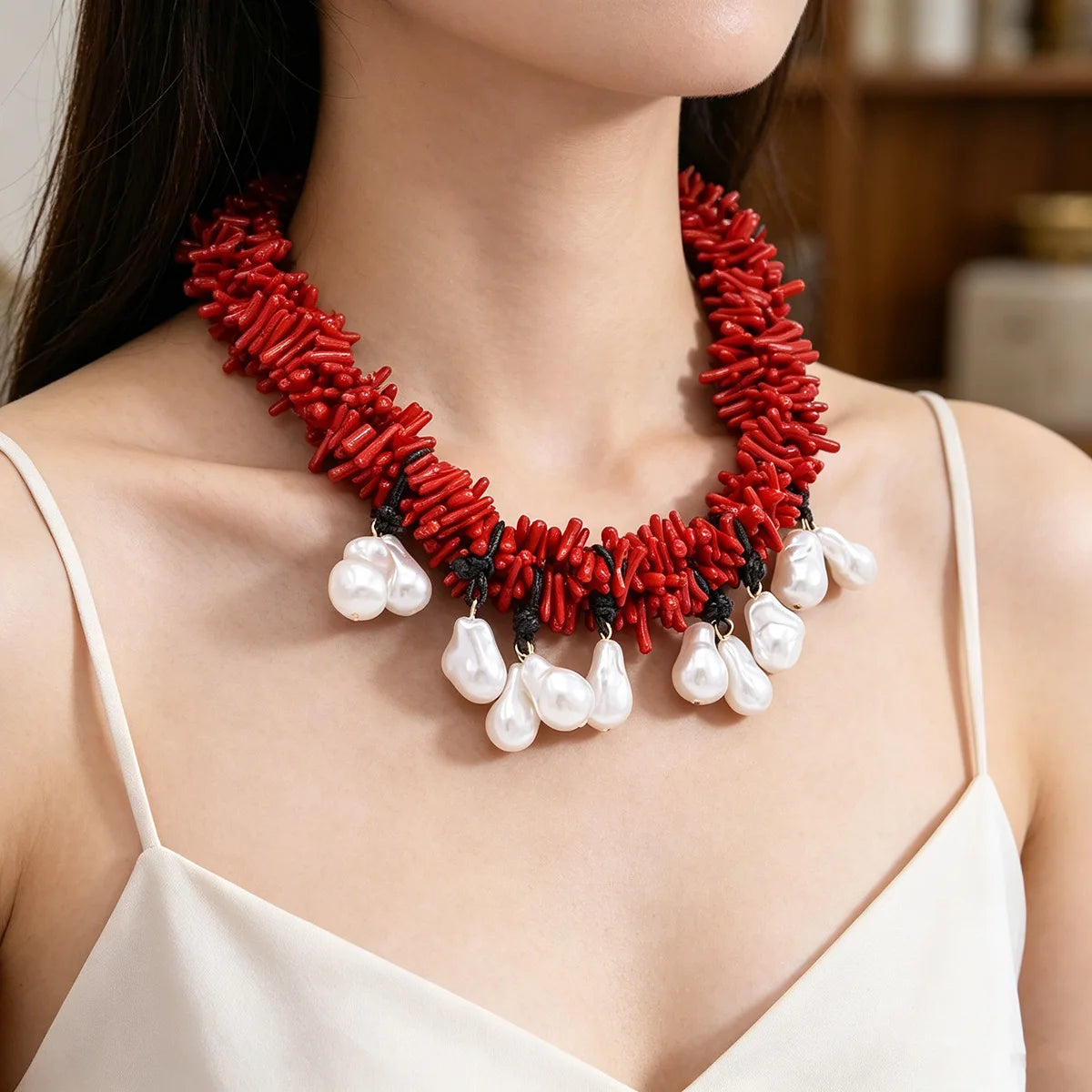 Summer Beach Breeze Coral Red Necklace Irregular Handmade Imitation Pearl Red Collarbone Chain Statement Necklace