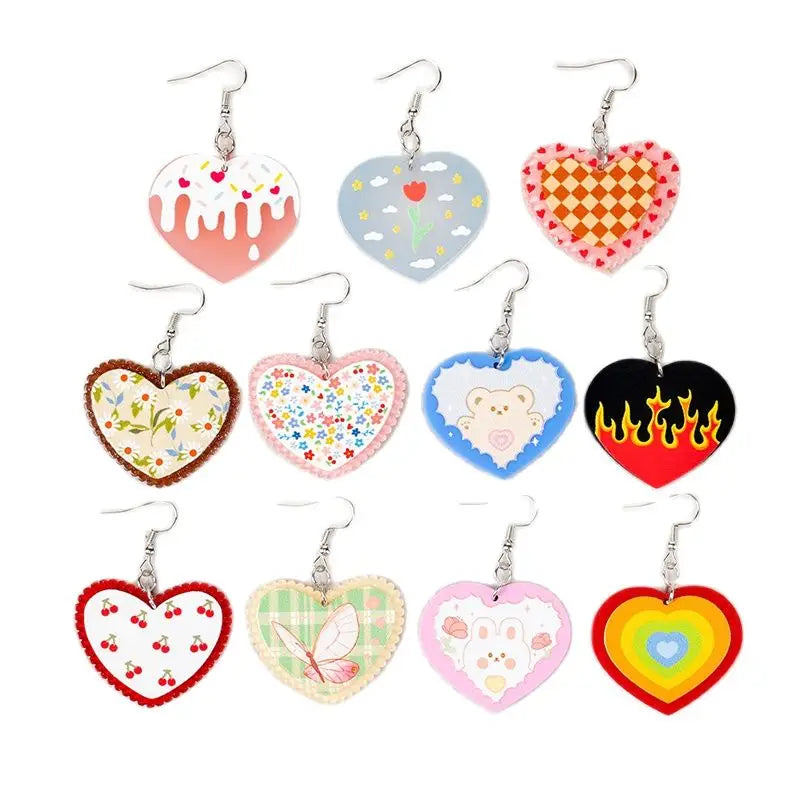 1Pair Cherry Heart Fashion Moth Heart Drop Earrings Acrylic Jewelry for Women Girl Birthday Gift