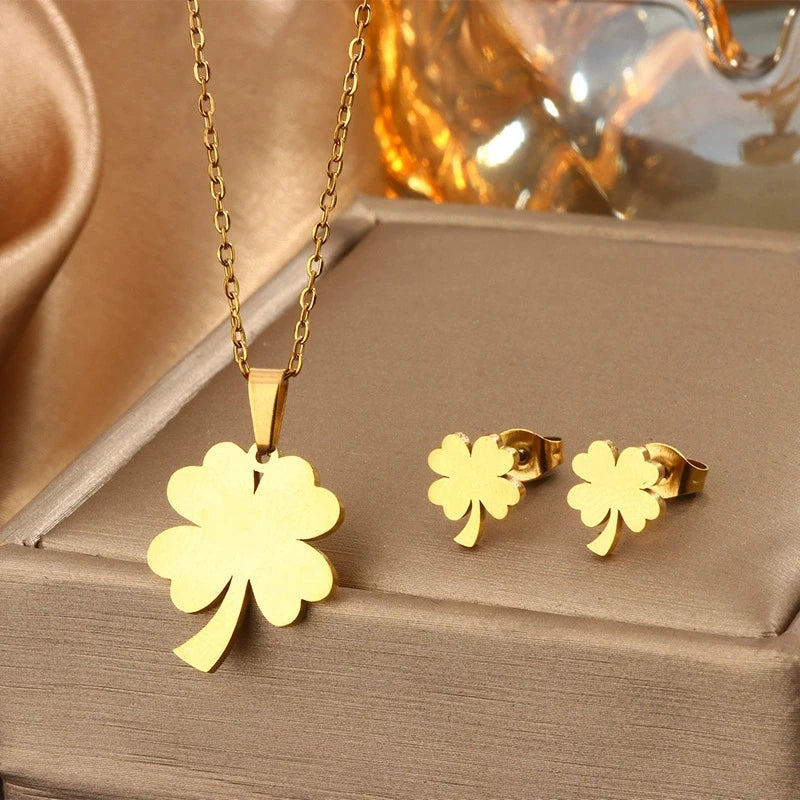 European American Hip Hop Women's Fashion Jewelry Set Stainless Steel Necklace Earrings Smooth Geometric Cross-Border Design