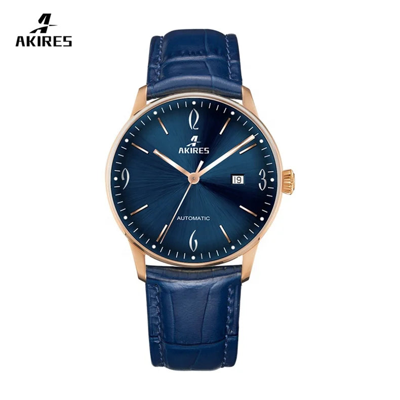 Men's Automatic Mechanical Stainless Steel Chronograph Watch with Leather Band Analog Dial Display