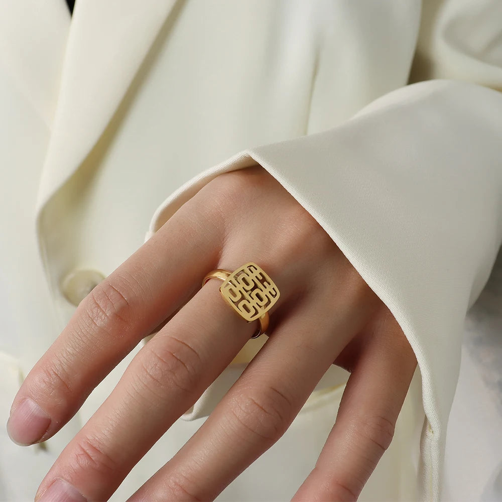 Chinese Style Women Stainless Steel Double Happiness Ancient Chinese Character Style for Wedding Ring