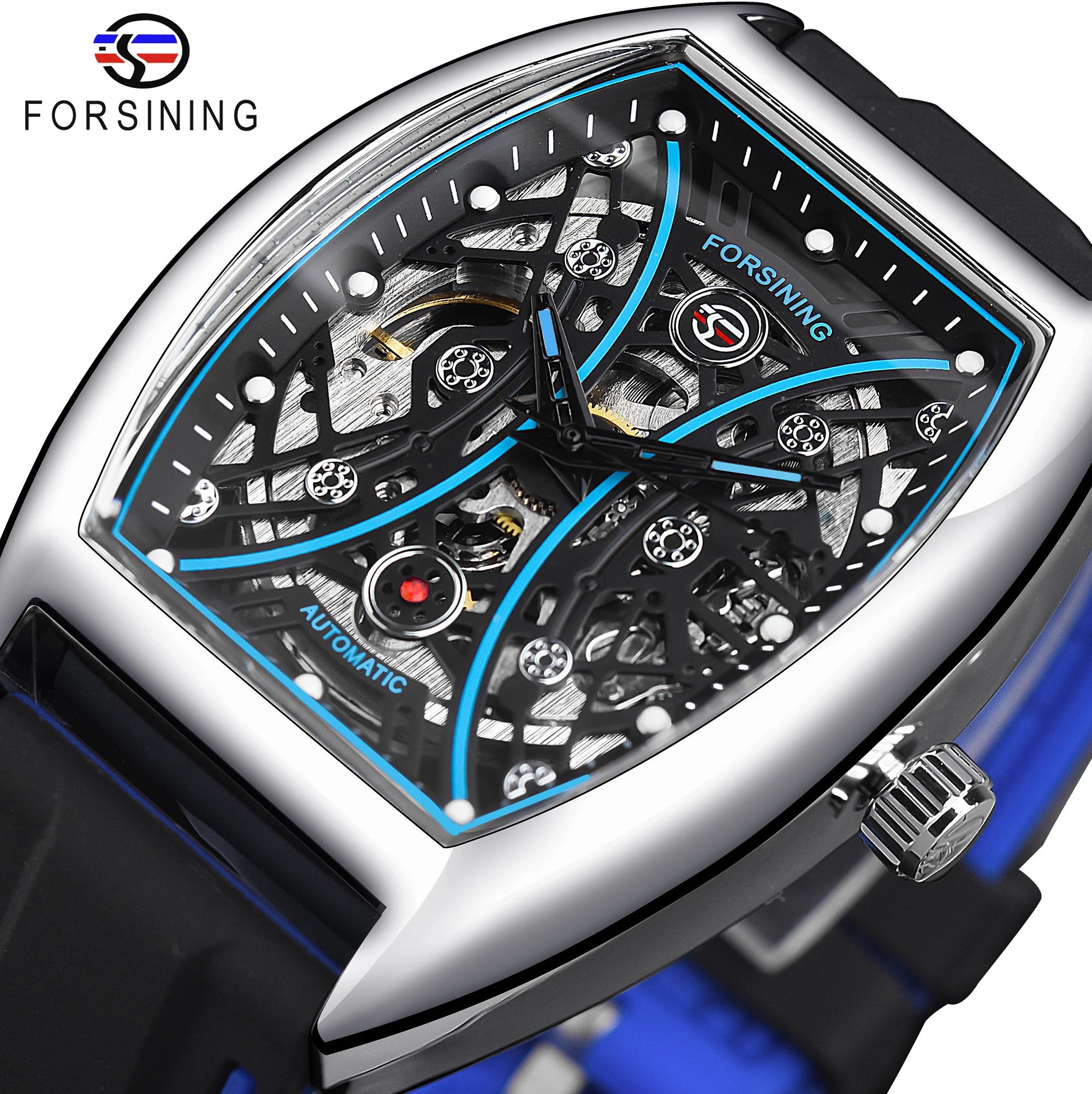 FORSINING GMT1241 Automatic Exquisit Wristwatch Transparent Men Mechanical Silicone Strap Man's Rectangle Outdoor Luminous Watch