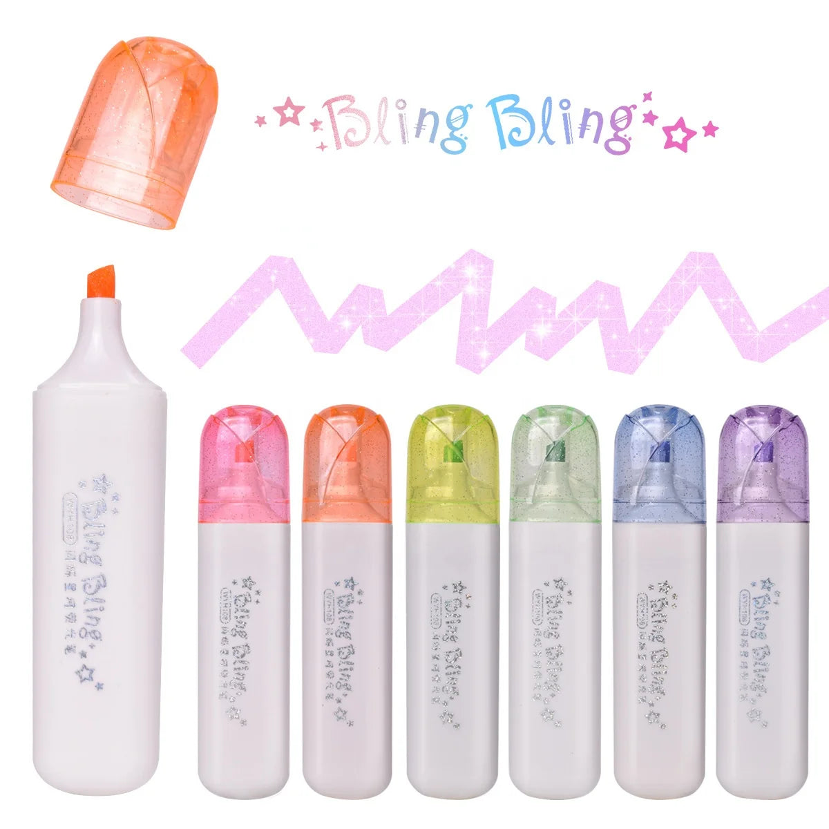 Creative New Glitter Highlighter Marker Set Mini Oblique Flat Tip School Students' Plastic Materials 2pcs/Box