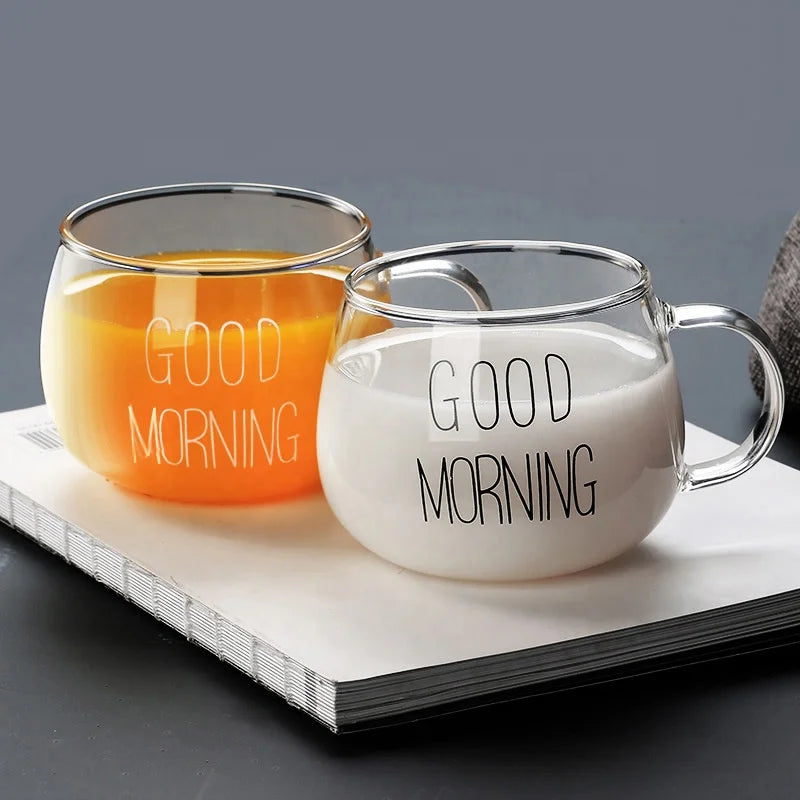 Good Morning Letters Clear Drinking Juice Yogurt Oatmeal Breakfast Milk Coffee High Borosilicate Glass Mug Tumbler With Handle