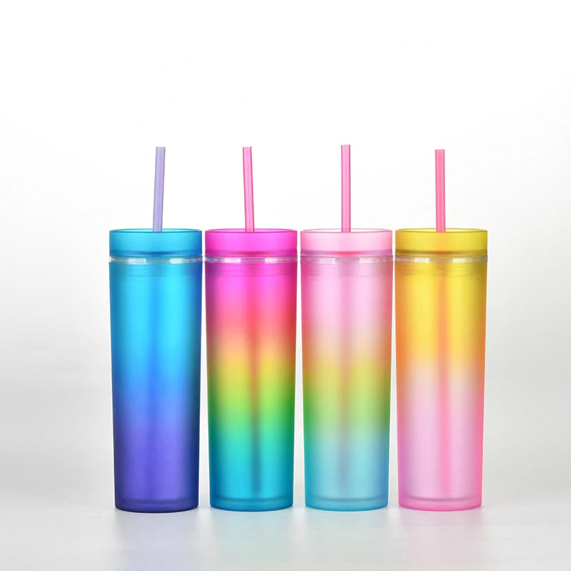 Wholesale 16oz Slim Double Wall Skinny Acrylic Tumbler with Lids Straw Gradient Rainbow Colors Eco-Friendly Gift Cup